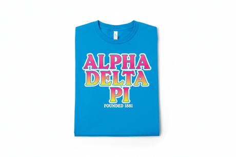 Custom Sorority & Fraternity Apparel Rush Bid Day & Beyond: Alpha Delta Pi T-shirt in bright blue.