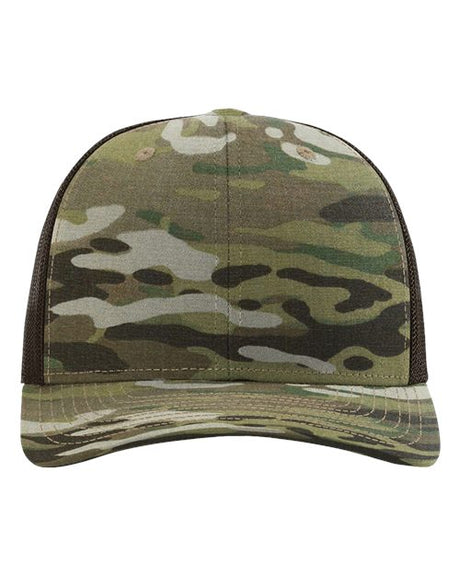 Headwear featuring a camouflage cap with a brown mesh back and green tones, ideal for outdoor activities.