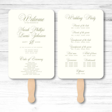 Elegant double-sided wedding program fan with ceremony details and wedding party names, featuring wooden handle, perfect for outdoor weddings.