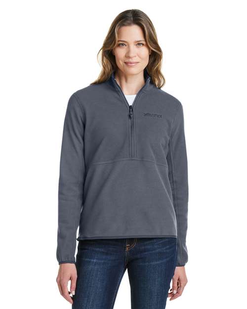 Marmot Women’s Rocklin half-zip jacket with a soft fleece design and flattering, comfortable fit. Features a zip-up collar for adjustable warmth, ideal for layering in cooler weather.