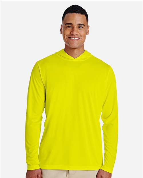 Team 365 Men’s Zone Performance hooded t-shirt with a lightweight, breathable design and athletic fit. Features moisture-wicking fabric and a built-in hood, ideal for workouts or casual wear.