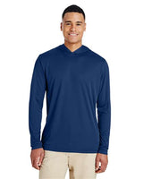 Team 365 Men’s Zone Performance hooded t-shirt with a lightweight, breathable design and athletic fit. Features moisture-wicking fabric and a built-in hood, ideal for workouts or casual wear.