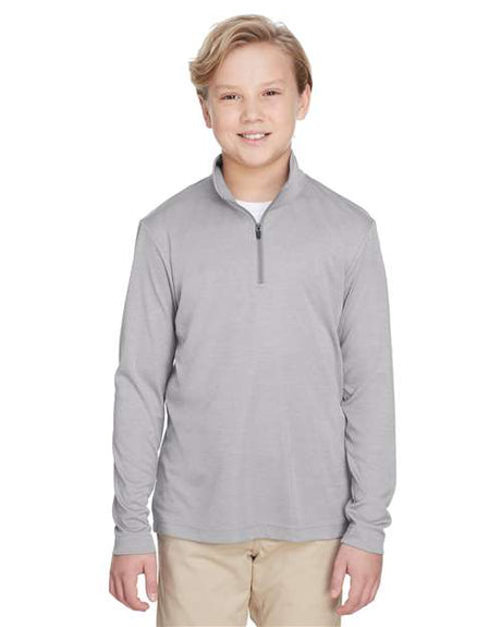 Team 365 Youth Zone Sonic Heather performance quarter-zip pullover with a lightweight, breathable design and heathered texture. Features moisture-wicking fabric and a zip-up collar, ideal for sports, school, or layering.