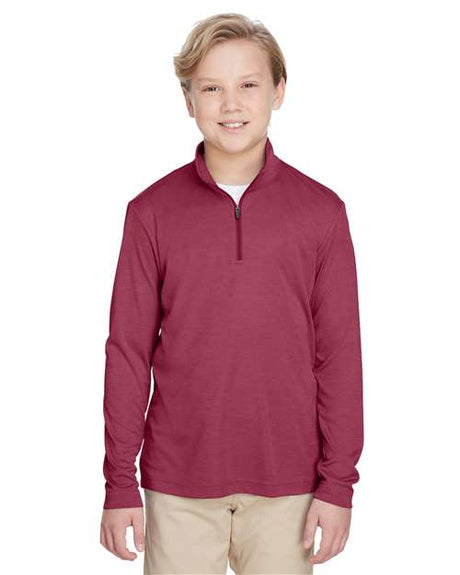 Team 365 Youth Zone Sonic Heather performance quarter-zip pullover with a lightweight, breathable design and heathered texture. Features moisture-wicking fabric and a zip-up collar, ideal for sports, school, or layering.