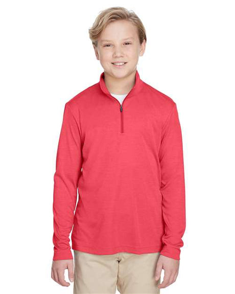 Team 365 Youth Zone Sonic Heather performance quarter-zip pullover with a lightweight, breathable design and heathered texture. Features moisture-wicking fabric and a zip-up collar, ideal for sports, school, or layering.