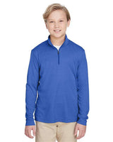 Team 365 Youth Zone Sonic Heather performance quarter-zip pullover with a lightweight, breathable design and heathered texture. Features moisture-wicking fabric and a zip-up collar, ideal for sports, school, or layering.