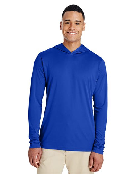 Team 365 Men’s Zone Performance hooded t-shirt with a lightweight, breathable design and athletic fit. Features moisture-wicking fabric and a built-in hood, ideal for workouts or casual wear.