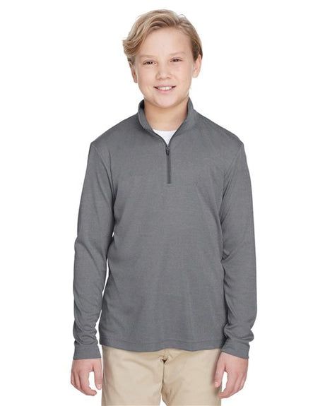 Team 365 Youth Zone Sonic Heather performance quarter-zip pullover with a lightweight, breathable design and heathered texture. Features moisture-wicking fabric and a zip-up collar, ideal for sports, school, or layering.