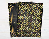 20's Party Invitation with geometric gold designs on a black background