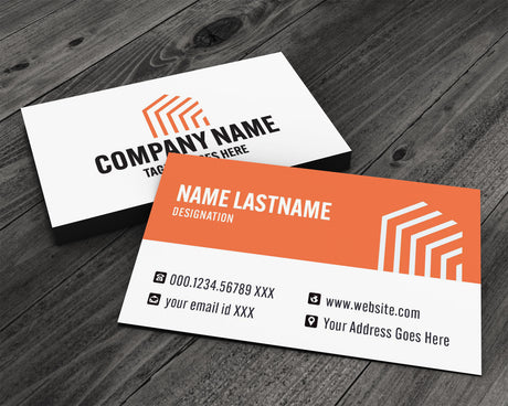 Orange and White Simple Design business card with geometric logo for real estate professionals.