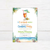 Tropical cocktail party invitation featuring a colorful watercolor design. The artwork includes a refreshing cocktail with an umbrella and straw, surrounded by lush greenery, tropical flowers, and a scenic beach background. The text is styled in playful script and bold fonts, with "It's 5 o’clock somewhere" prominently displayed at the top. Event details such as date, time, location, and honoree’s name are in a festive layout. Perfect for a summer celebration, beach party, or tropical-themed party.