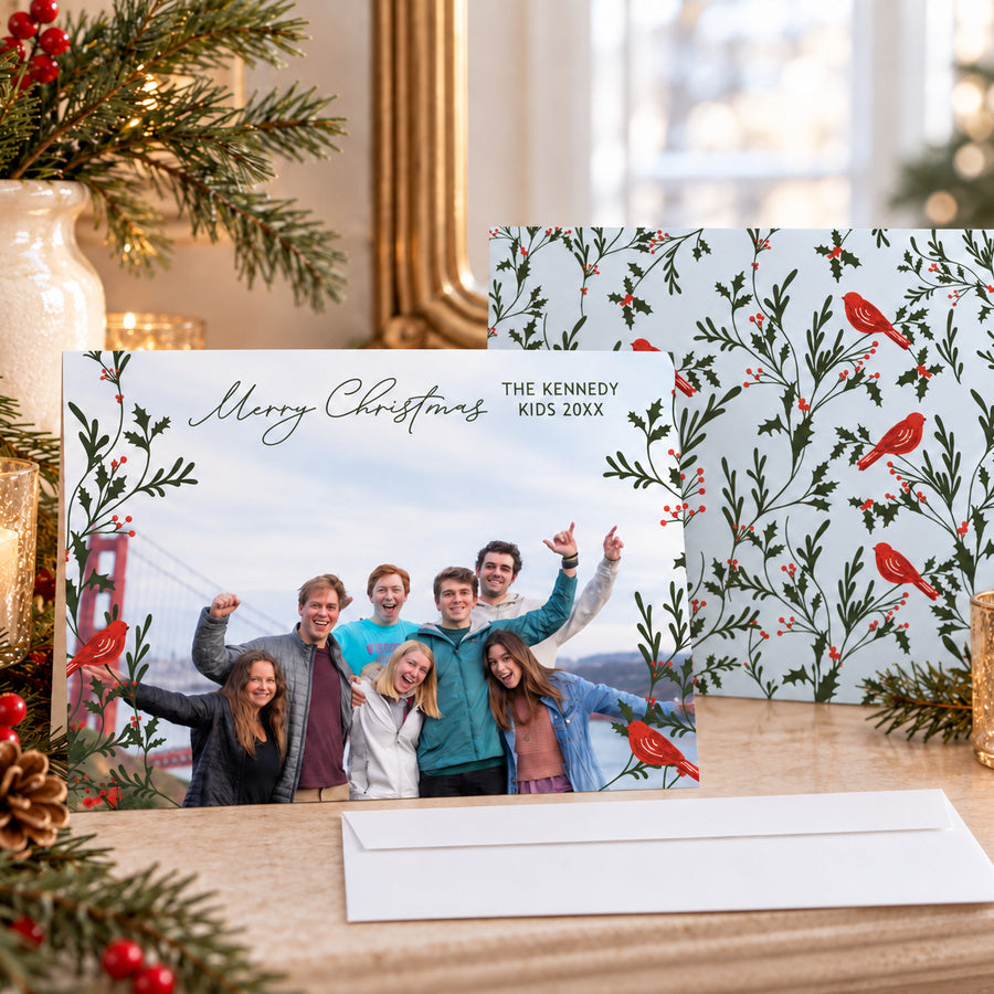Festive Cardinal Greenery Personalized Christmas Photo Card