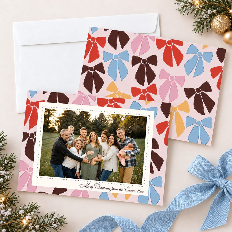 No Bow No Go Playful Pattern Christmas Photo Card