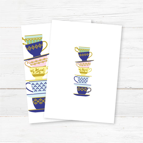 A Spot of Tea baby shower invitation featuring an elegant stack of colorful teacups with gold and blue patterns. The design includes delicate script typography with customizable text for the honoree’s name, event date, time, and venue. Perfect for a tea party-themed baby shower, afternoon tea, or high tea celebration. Professionally printed on premium cardstock with matching envelopes included. back