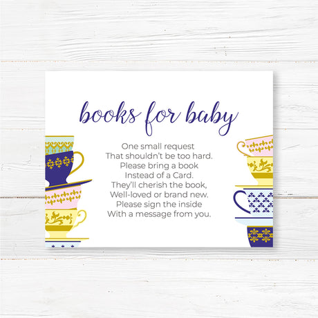 A Spot of Tea baby shower books for baby featuring an elegant stack of colorful teacups with gold and blue patterns. The design includes delicate script typography with customizable text for the honoree’s name, event date, time, and venue. Perfect for a tea party-themed baby shower, afternoon tea, or high tea celebration. Professionally printed on premium cardstock with matching envelopes included.