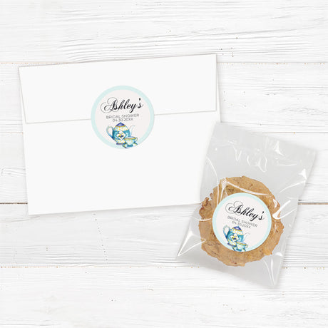 Round  bridal tea sticker featuring a watercolor teapot and teacup design. Perfect for sealing envelopes, favor packaging, or decorating party essentials.