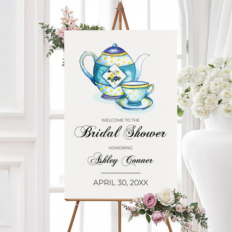 Beautiful bridal tea welcome sign with a watercolor teapot and teacup illustration. A stylish way to greet guests and set the tone for an elegant tea party celebrtion