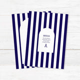 Bridal shower welcome sign with navy and white vertical stripes, antique serif monogram, elegant modern script and serif fonts, and a white arch panel to welcome guests in style. - back side