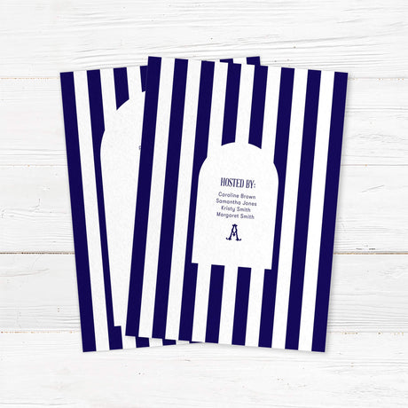 Bridal shower welcome sign with navy and white vertical stripes, antique serif monogram, elegant modern script and serif fonts, and a white arch panel to welcome guests in style. - back side