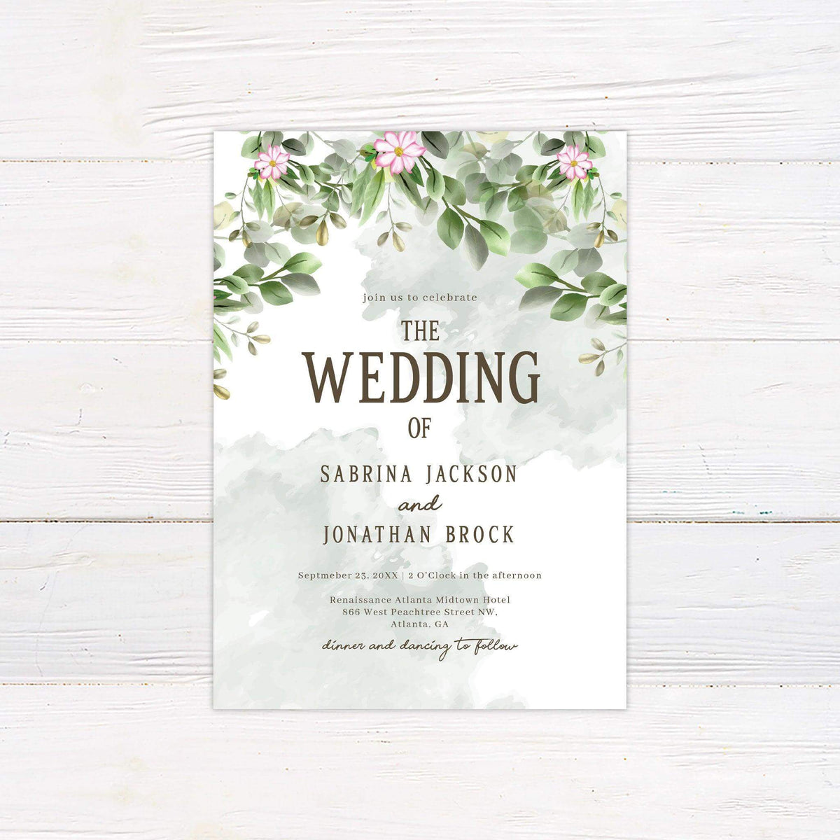 Botanical Wedding Invitation with Greenery and Pink Flowers – Go Print Plus