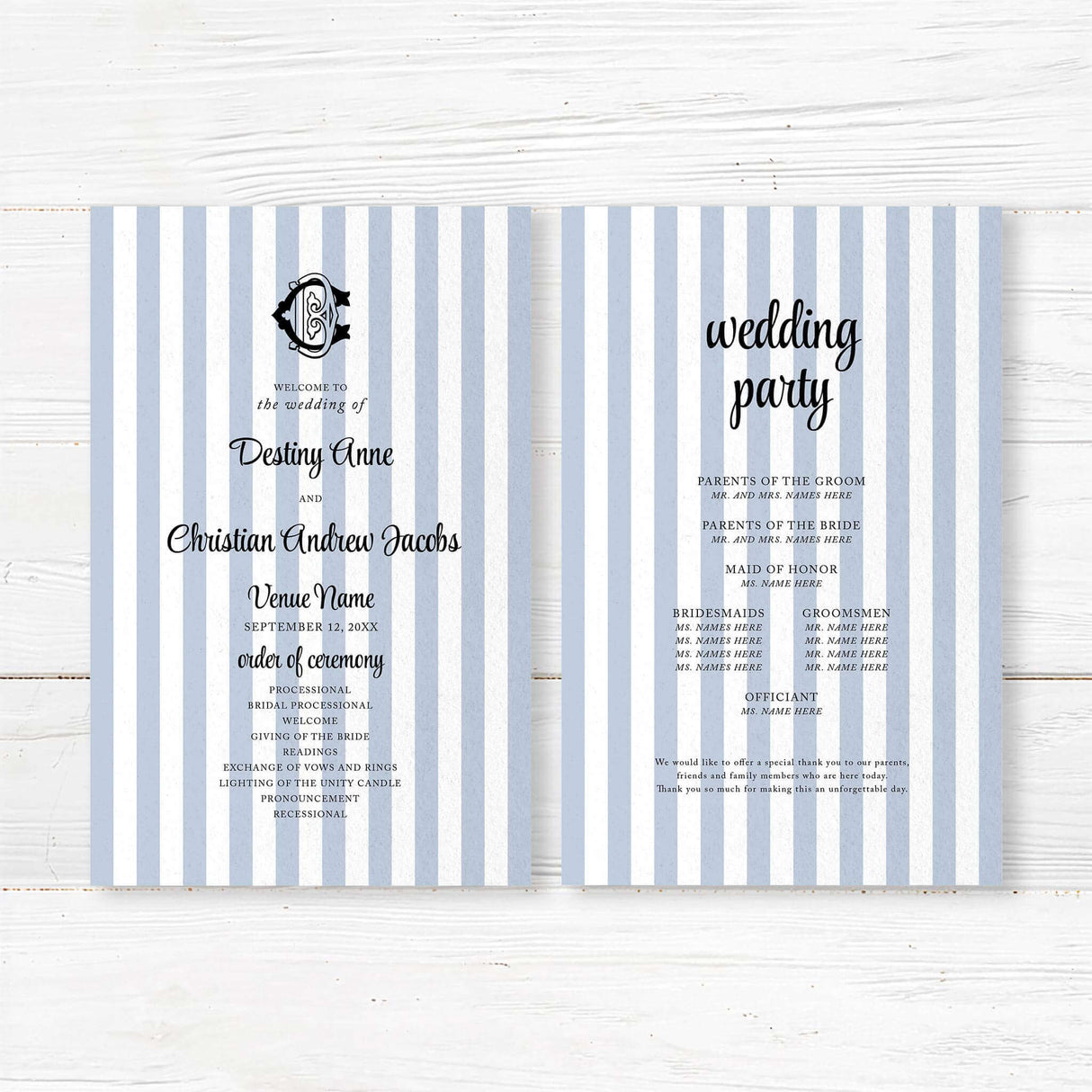 Wedding program card with vertical blue and white stripes and a formal black monogram crest, featuring ceremony details, wedding party names, and elegant typefaces.