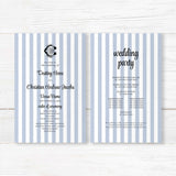 Wedding program card with vertical blue and white stripes and a formal black monogram crest, featuring ceremony details, wedding party names, and elegant typefaces.