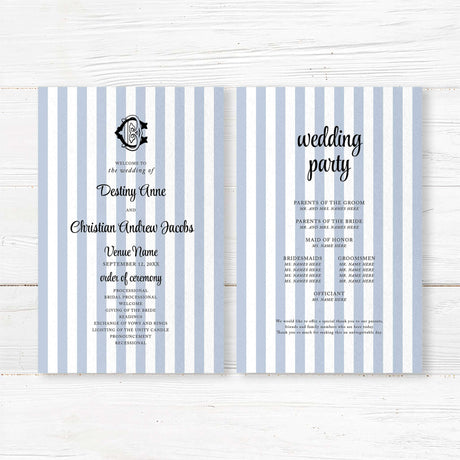 Wedding program card with vertical blue and white stripes and a formal black monogram crest, featuring ceremony details, wedding party names, and elegant typefaces.