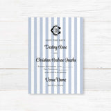 Wedding Save the Date card with blue and white stripes, black crest monogram, and classic serif and script fonts, perfect for previewing a stylish and formal wedding.