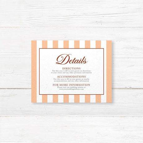 Share all your essential wedding day details with this coordinating detail card from the Autumn Crest suite. Featuring warm vertical stripes, a clean layout, and floral accents, it's perfect for including accommodations, directions, or wedding websites.