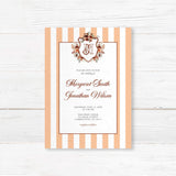Autumn wedding invitation with floral crest monogram, terracotta and peach vertical stripes, classic script and serif fonts, and a white background for a rustic elegant wedding.