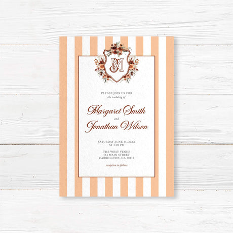 Autumn wedding invitation with floral crest monogram, terracotta and peach vertical stripes, classic script and serif fonts, and a white background for a rustic elegant wedding.