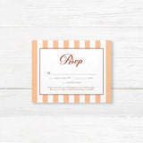 Coordinating RSVP card for autumn wedding suite with floral monogram, serif fonts, terracotta and peach vertical stripes, and premium white cardstock background.