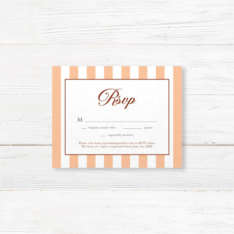 Coordinating RSVP card for autumn wedding suite with floral monogram, serif fonts, terracotta and peach vertical stripes, and premium white cardstock background.