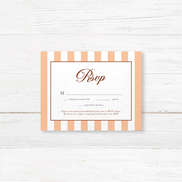 Coordinating RSVP card for autumn wedding suite with floral monogram, serif fonts, terracotta and peach vertical stripes, and premium white cardstock background.