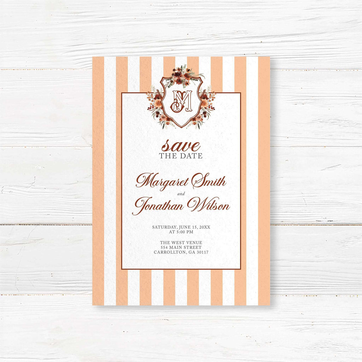 Announce your fall wedding in style with this Save the Date card from the Autumn Crest suite. Designed with a crest of autumn florals, warm-toned stripes, and elegant script fonts, it’s a beautiful way to let your guests mark their calendars.