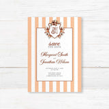 Announce your fall wedding in style with this Save the Date card from the Autumn Crest suite. Designed with a crest of autumn florals, warm-toned stripes, and elegant script fonts, it’s a beautiful way to let your guests mark their calendars.