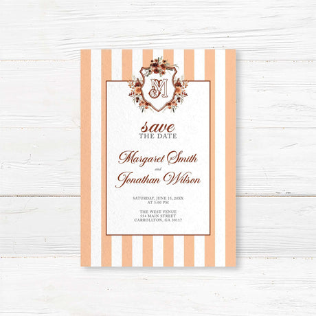 Announce your fall wedding in style with this Save the Date card from the Autumn Crest suite. Designed with a crest of autumn florals, warm-toned stripes, and elegant script fonts, it’s a beautiful way to let your guests mark their calendars.