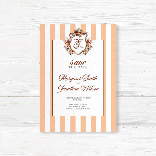 Announce your fall wedding in style with this Save the Date card from the Autumn Crest suite. Designed with a crest of autumn florals, warm-toned stripes, and elegant script fonts, it’s a beautiful way to let your guests mark their calendars.