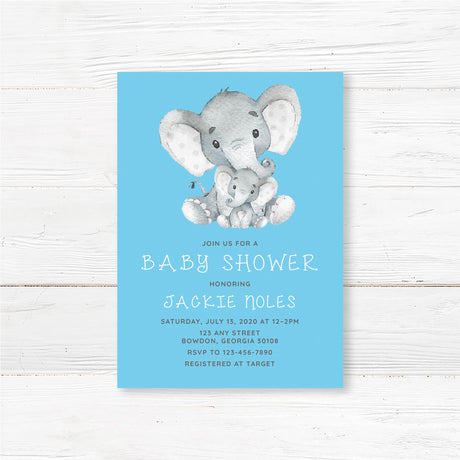 Baby shower invitation with watercolor-style baby elephant design and personalized event details, professionally printed on high-quality cardstock