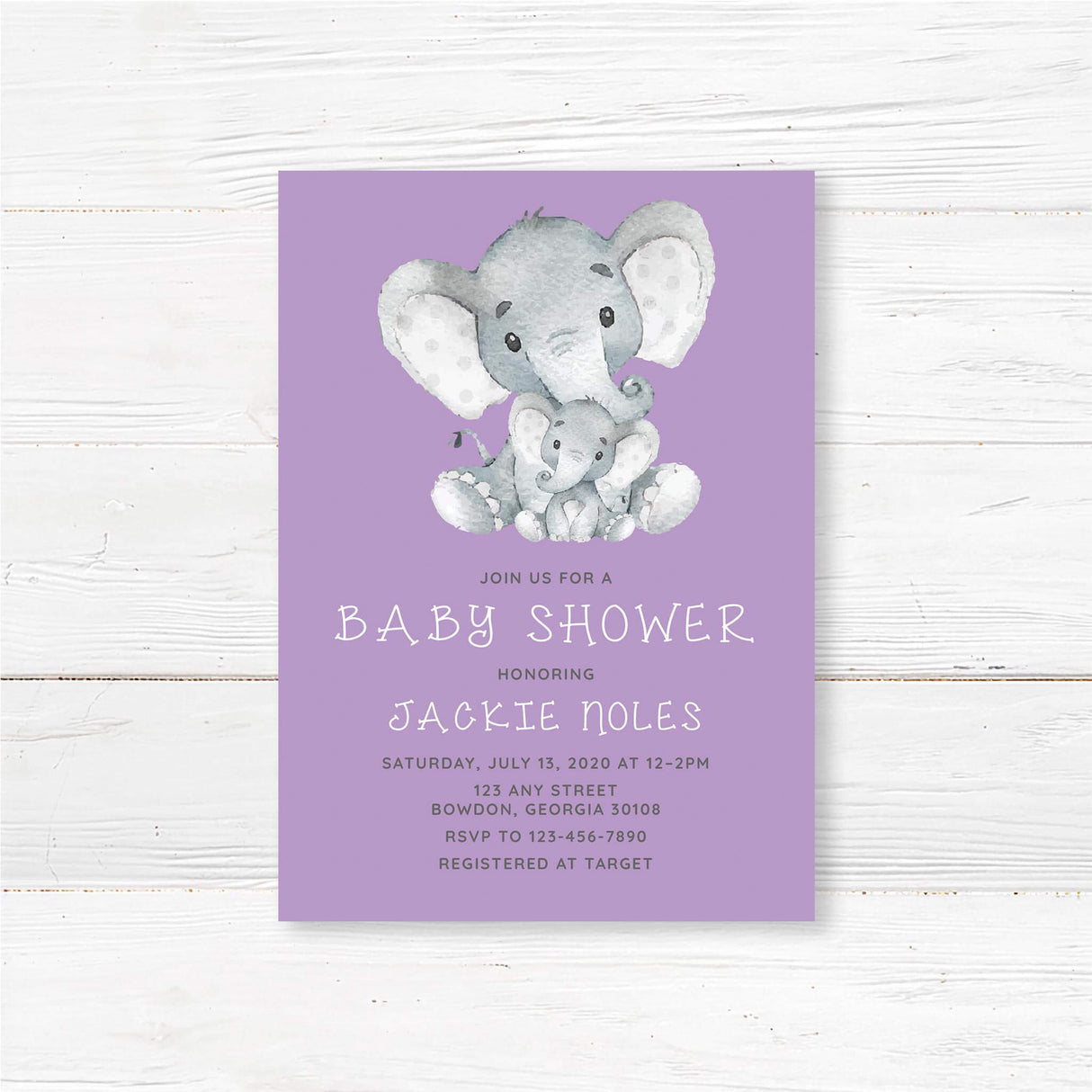 Baby shower invitation with watercolor-style baby elephant design and personalized event details, professionally printed on high-quality cardstock