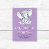 Baby shower invitation with watercolor-style baby elephant design and personalized event details, professionally printed on high-quality cardstock