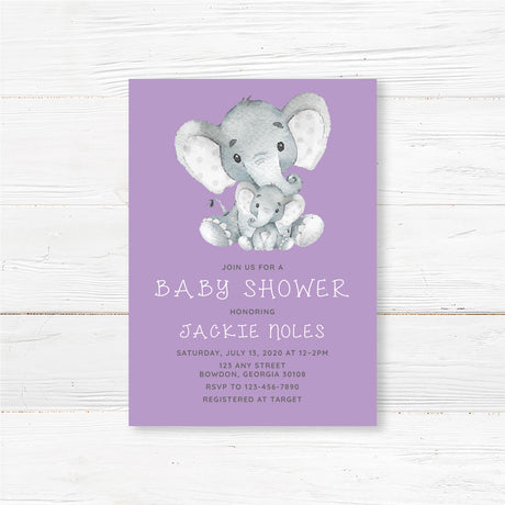 Baby shower invitation with watercolor-style baby elephant design and personalized event details, professionally printed on high-quality cardstock