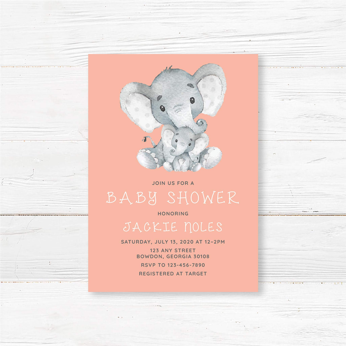 Baby shower invitation with watercolor-style baby elephant design and personalized event details, professionally printed on high-quality cardstock