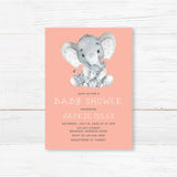 Baby shower invitation with watercolor-style baby elephant design and personalized event details, professionally printed on high-quality cardstock