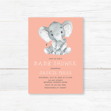 Baby shower invitation with watercolor-style baby elephant design and personalized event details, professionally printed on high-quality cardstock