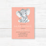 Baby shower invitation with watercolor-style baby elephant design and personalized event details, professionally printed on high-quality cardstock