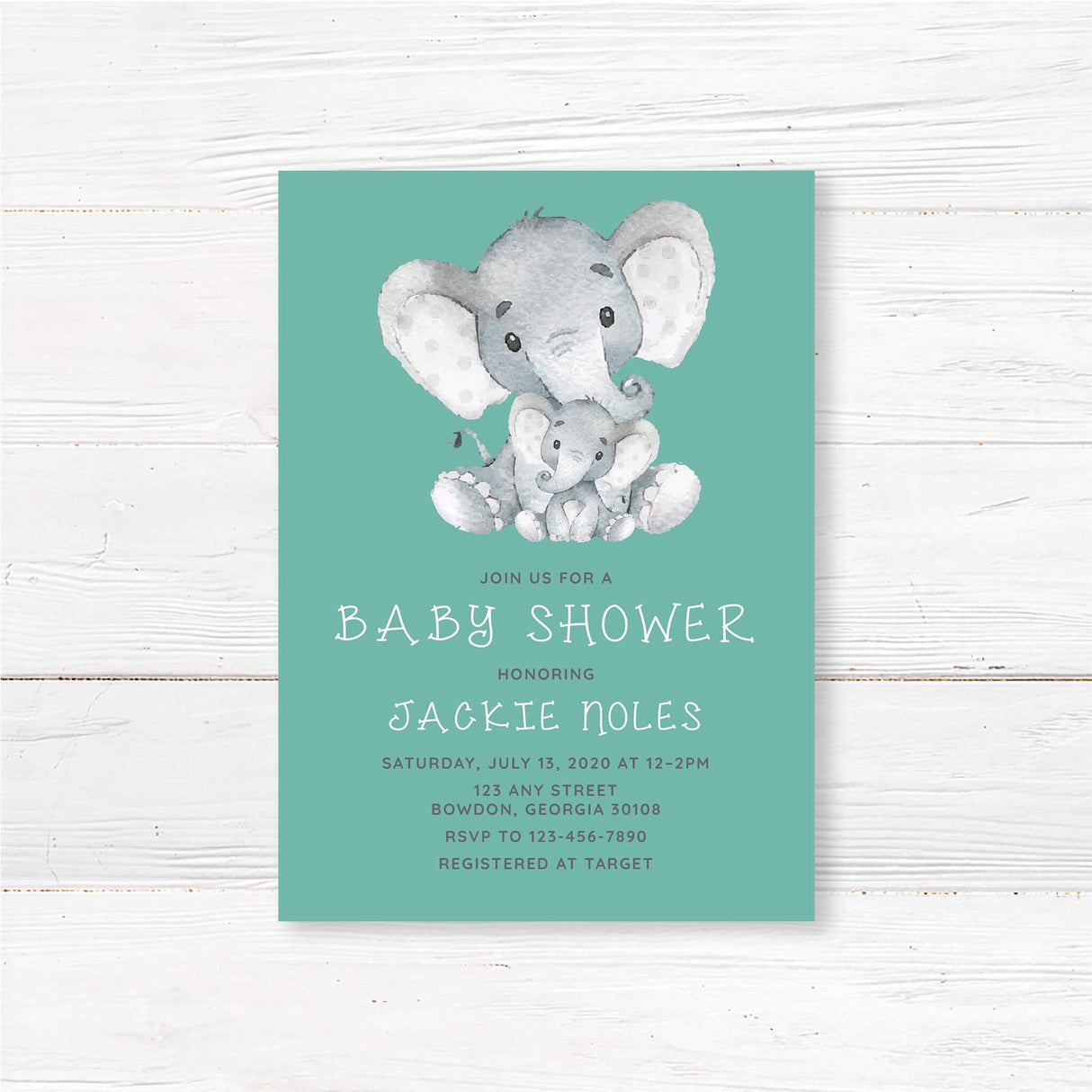 Baby shower invitation with watercolor-style baby elephant design and personalized event details, professionally printed on high-quality cardstock