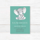 Baby shower invitation with watercolor-style baby elephant design and personalized event details, professionally printed on high-quality cardstock