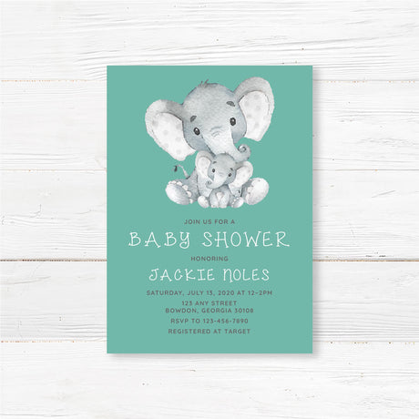 Baby shower invitation with watercolor-style baby elephant design and personalized event details, professionally printed on high-quality cardstock