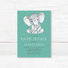Baby shower invitation with watercolor-style baby elephant design and personalized event details, professionally printed on high-quality cardstock
